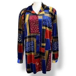 Susan Graver Style Patchwork Velvet Button Down Long Sleeve Top -‎ Size M